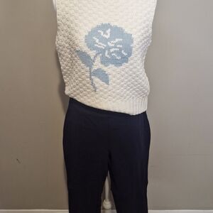 White Sweater Vest with Blue Floral Design